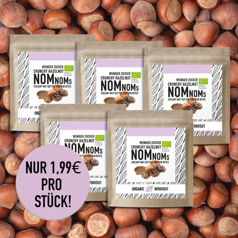 Crunchy Hazelnut NomNoms (Protein-Bites) – ! MHD: 30.11.2025 ! bio, vegan mit Bio-Erythrit und Bio Erbsenprotein