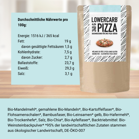 Mélange de cuisson pour pizza à faible teneur en glucides pour deux bases de pizza végétaliennes sans gluten