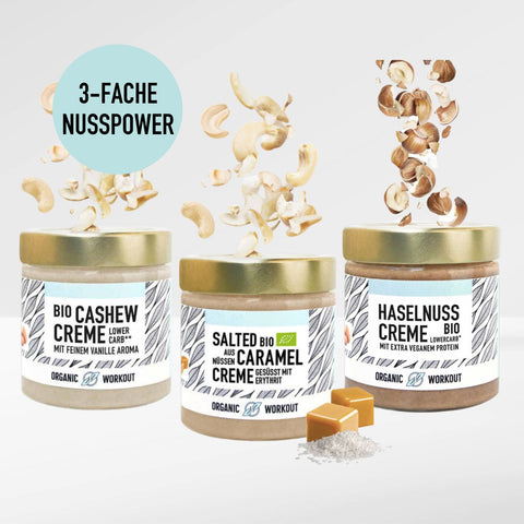 ABVERKAUF 3er Lower-Carb Bio Nusscremes, Haselnuss, Cashewcreme & Salted Caramel Creme