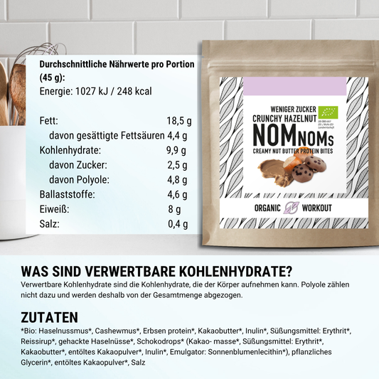 ABVERKAUF Crunchy Hazelnut NomNoms (Protein-Bites) –  bio, vegan mit Bio-Erythrit und Bio Erbsenprotein