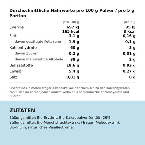 Nährwerte und Zutaten des Bio Heisse Schokolade Flavour Powders pro 100 g und 5 g Portion