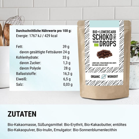 Gouttes de chocolat bio - à faible teneur en glucides* et végétalien, édulcorées à l'érythritol