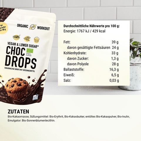 Gouttes de chocolat bio - à faible teneur en glucides* et végétalien, édulcorées à l'érythritol