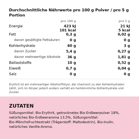 Nährwerte und Zutaten des Bio Erdbeer Bowl Flavour Powders pro 100 g und 5 g Portion