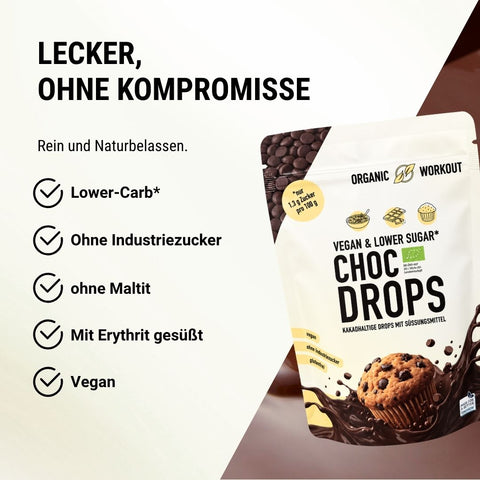 Gouttes de chocolat bio - à faible teneur en glucides* et végétalien, édulcorées à l'érythritol