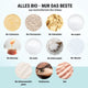 Zutaten Creamy Coconut Protein-Crumble: Bio-Cashewmus, Bio-Kokosraspeln, Bio-Kokosnussmilchpulver, Bio-Erbsenprotein, Bio-Erythrit