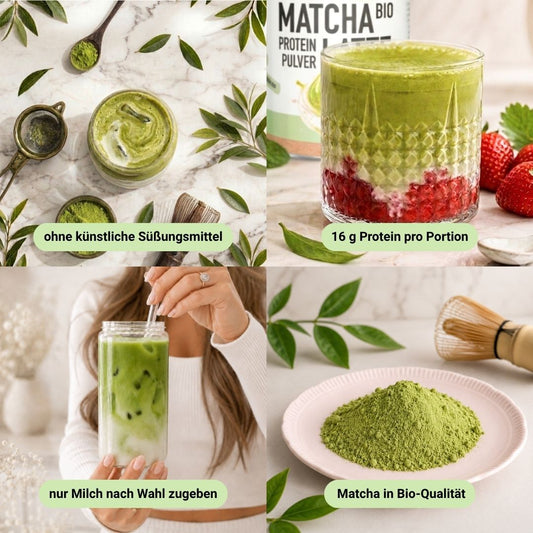 Vorteile des Bio Iced Matcha Latte Protein Pulvers: ohne künstliche Süßstoffe, 16 g Protein pro Portion, einfache Zubereitung mit Milch