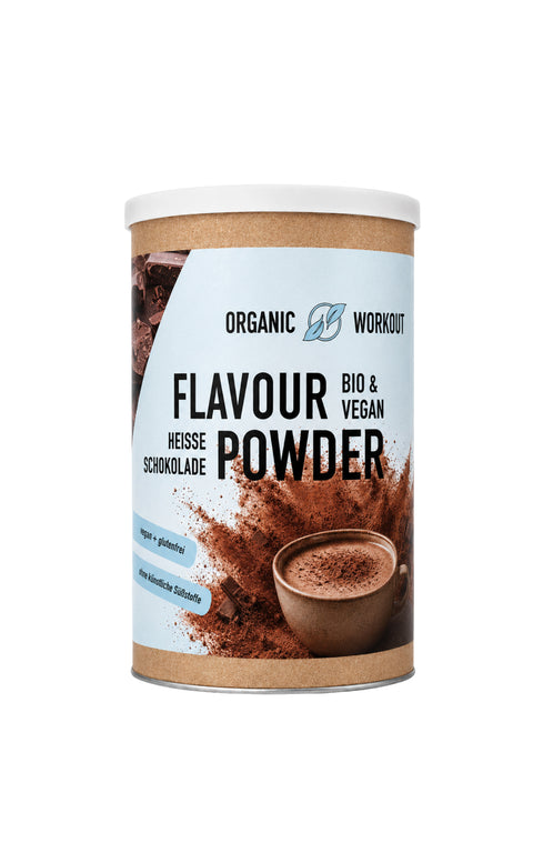 Bio Heisse Schokolade Flavour Powder Dose von Organic Workout, Vorderseite mit Kakao und Tasse