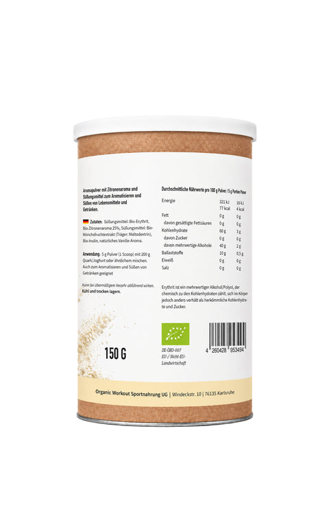 Bio Lemon Cheesecake Flavour Powder Dose von Organic Workout, Rückseite mit Zutaten und Nährwerten