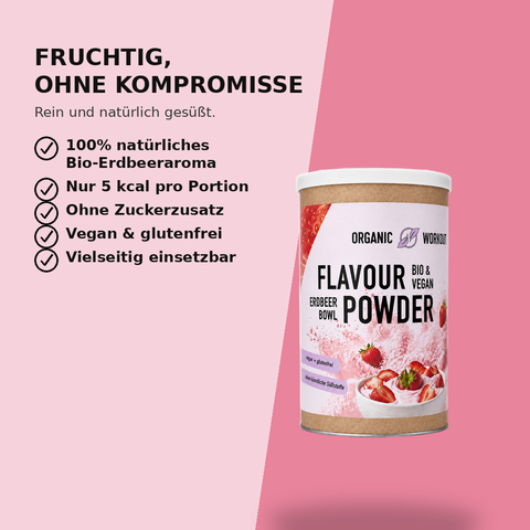 Vorteile des Bio Erdbeer Bowl Flavour Powders: natürliches Erdbeeraroma, wenig Kalorien, ohne Zuckerzusatz, vegan und glutenfrei
