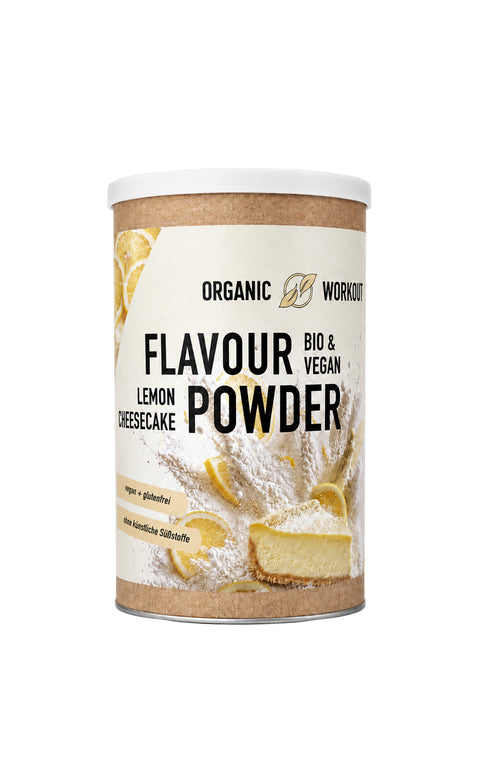Bio Lemon Cheesecake Flavour Powder Dose von Organic Workout, Vorderseite mit Zitrone und Cheesecake
