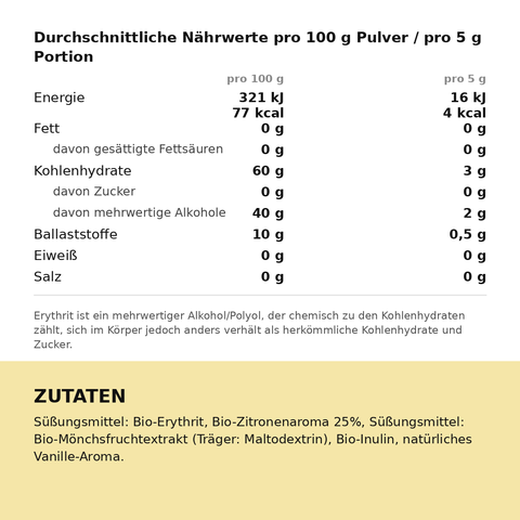 Nährwerte und Zutaten des Bio Lemon Cheesecake Flavour Powders pro 100 g und 5 g Portion